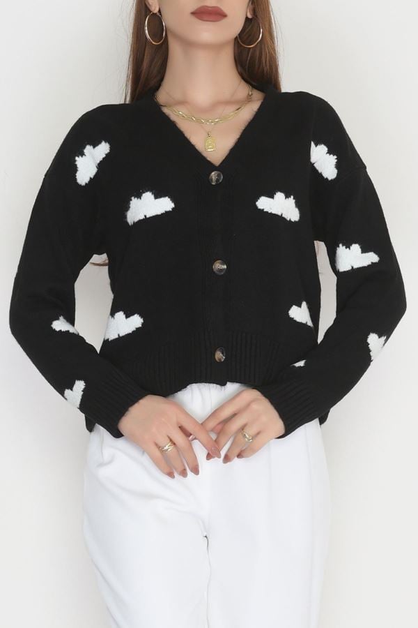 Şardonlu Düğmeli Hırka Siyahtaş - 31059.1766.