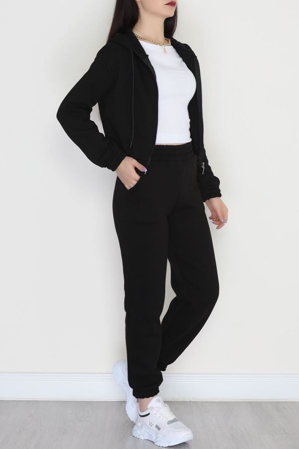 3 İplik Crop Eşofman Takımı Siyah - 50913.1878.