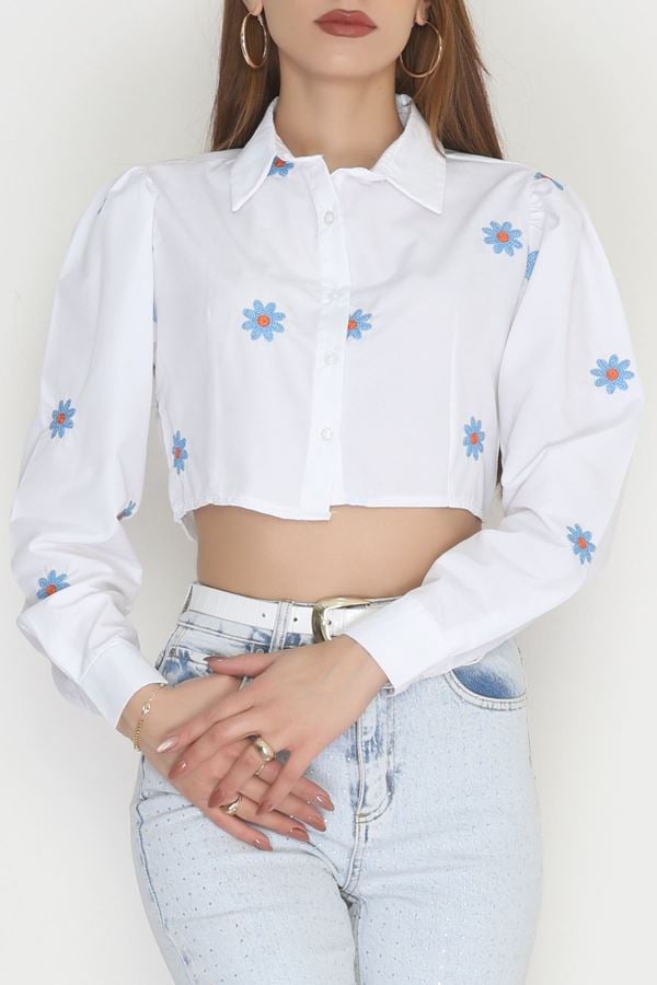 Nakışlı Balon Kol Gömlek Beyaz - 30773.1949.
