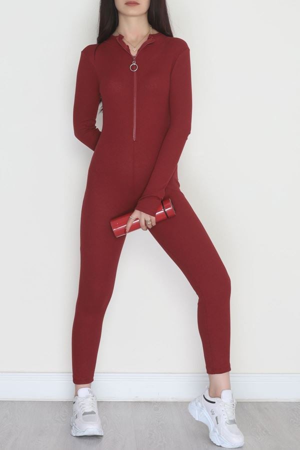 Ön Fermuar Detaylı Likralı Kaşkorse Tulum Bordo - 42620.1748.