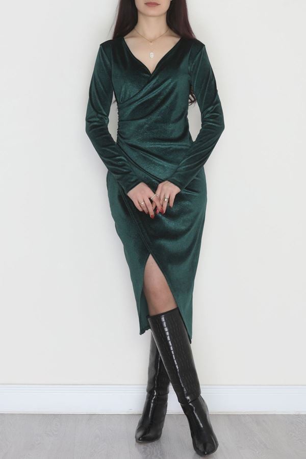 Drapeli Simli Kadife Elbise Zümrüt - 581892.1592.