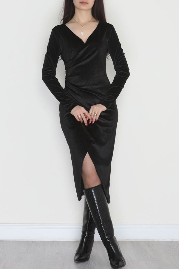 Drapeli Simli Kadife Elbise Siyah - 581892.1592.