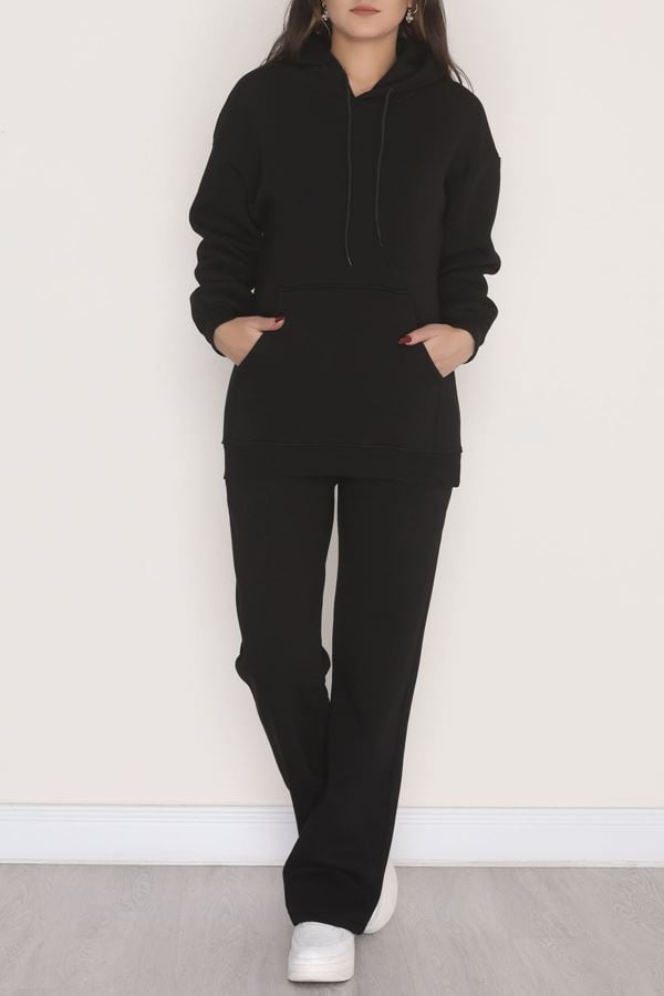 Üç İplik Kanguru Cep Eşofman Takımı Siyah - 70777.1878.