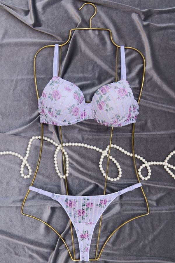 Çiçek Baskılı Dikine Flok Çizgili Takım Dolu Mavi - 2565.1783.