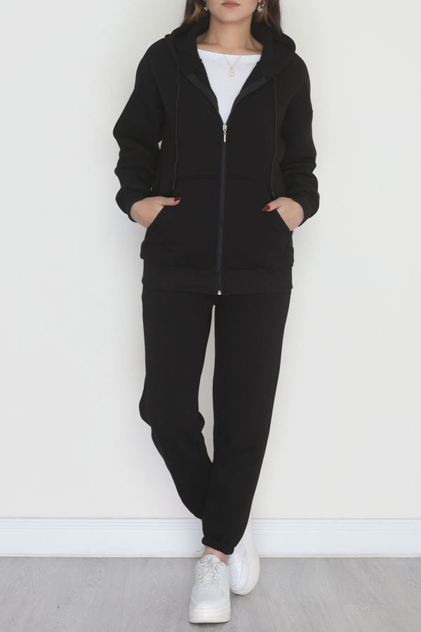 3 İplik Kapşonlu Eşofman Takımı Siyah - 20255.1878.