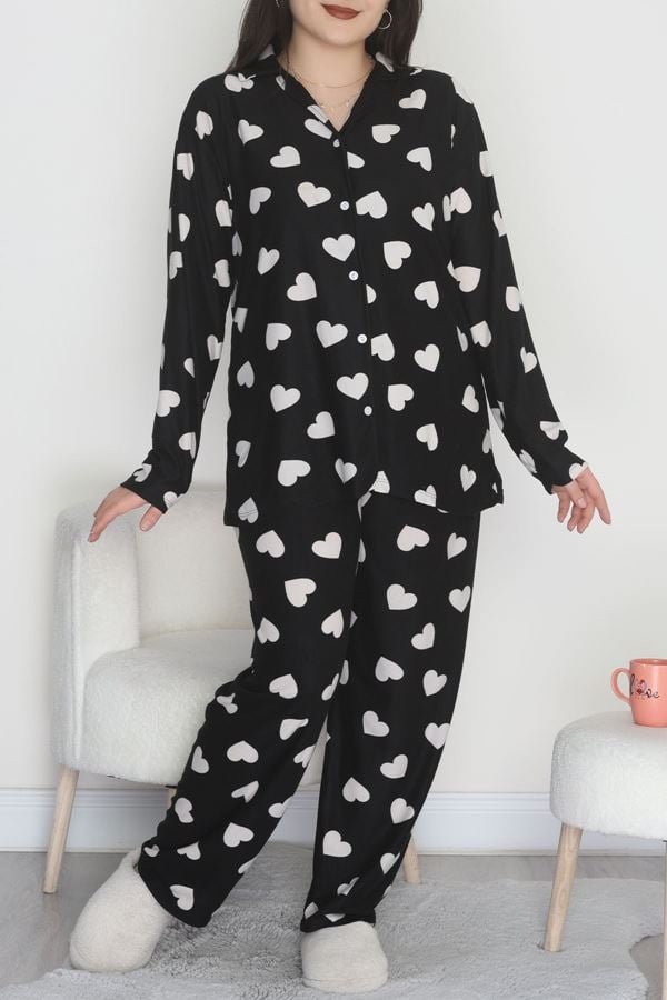 Büyük Beden Süet Düğmeli Pijama Takımı Siyahekru - 455.1287.