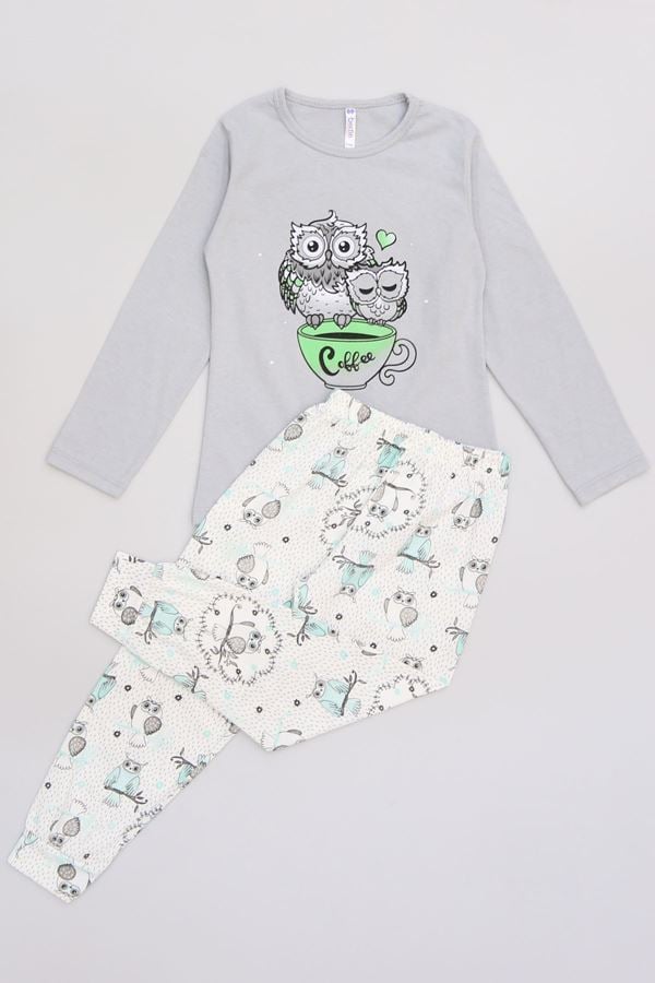 6-14 Yaş Baskılı Çocuk Pijama Takımı Griyeşil - 40101.1931.
