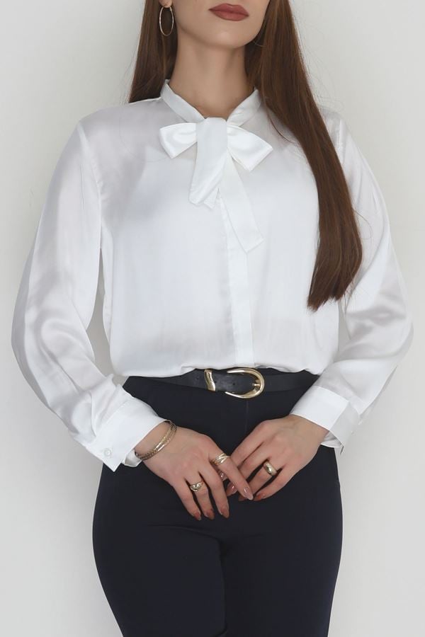 Yaka Bağlamalı Saten Gömlek Beyaz - 20002.1595.