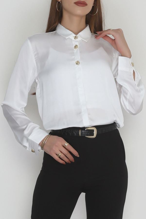 Gold Düğmeli Saten Gömlek Beyaz - 20001.1595.