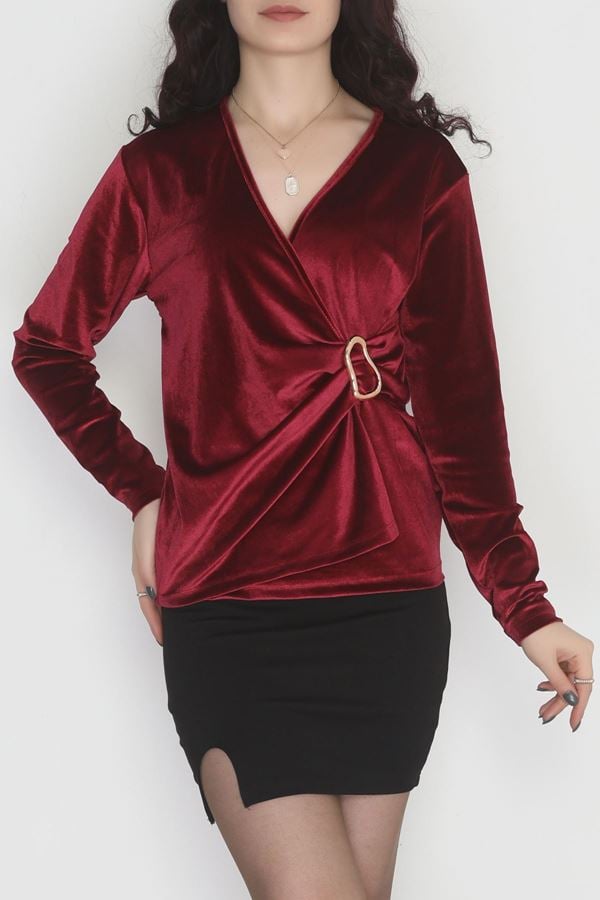 Beli Toka Detaylı Kadife Bluz Bordo - 42663.1949.