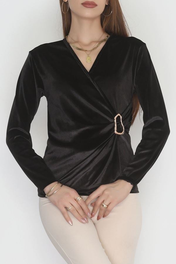 Beli Toka Detaylı Kadife Bluz Siyah - 42663.1949.