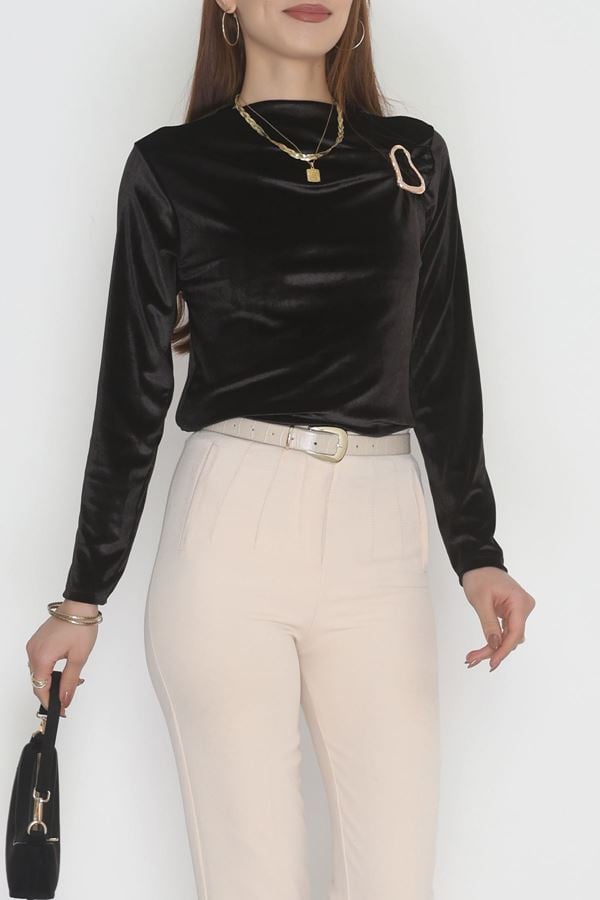 Toka Detaylı Kadife Bluz Siyah - 42665.1949.