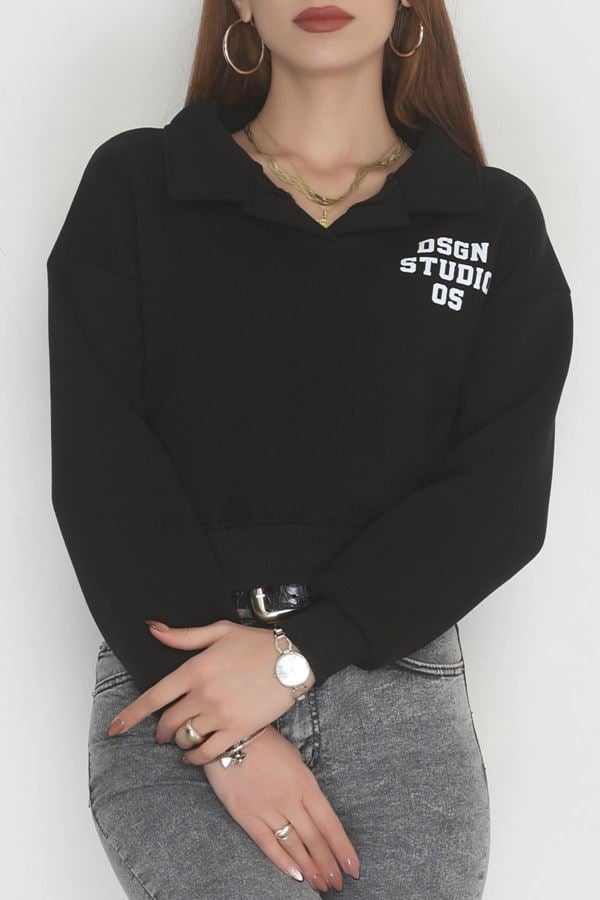 3 İplik Şardonlu Polo Yaka Baskılı Sweat Siyah - 42602.1878.