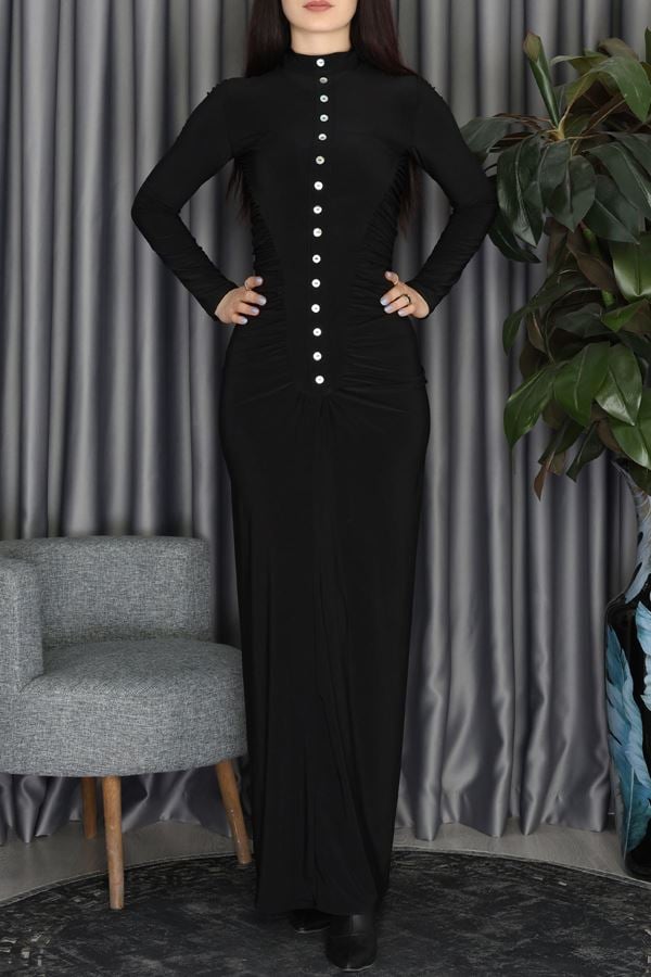 Loch Sedef Süs Düğmeli Yankuplar Büzgülü Elbise Siyah - 2705.1997.