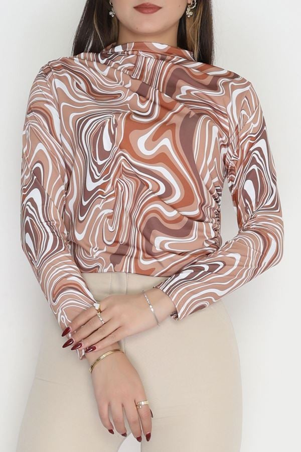 Desenli Dik Yaka Sandy Bluz Kahve - 70689.1949.
