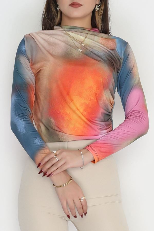 Desenli Dik Yaka Sandy Bluz Rengarenk - 70752.1949.