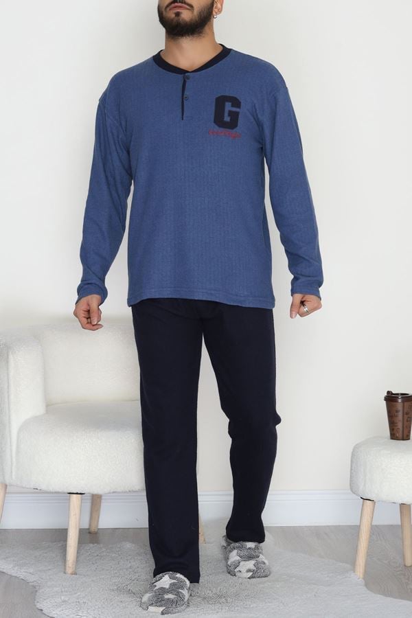Yakası Düğmeli İnterlok Erkek Pijama Takımı Lacivert - 52078.1050.