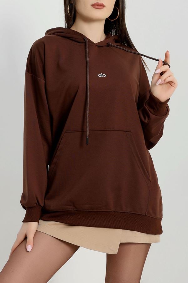 2 İplik Kapşonlu Baskılı Sweatshirt Acıkahve - 31315.1878.