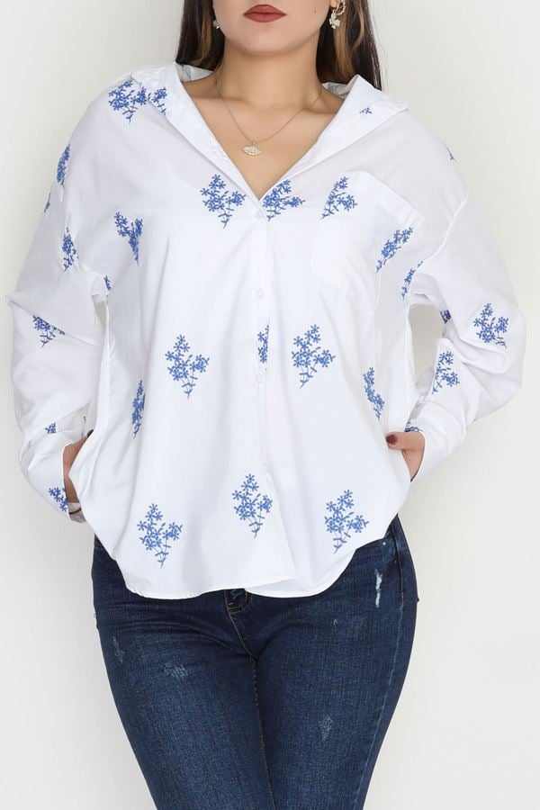 Nakışlı Balon Kol Gömlek Beyaz - 30775.1949.
