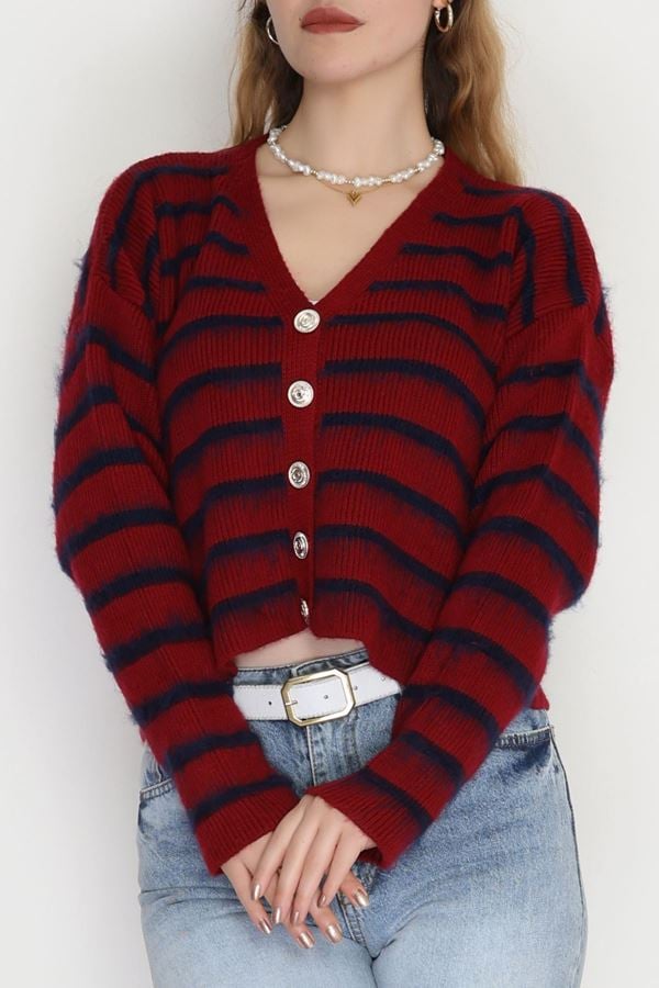 Çizgili Triko Hırka Bordo - 2319.1765.