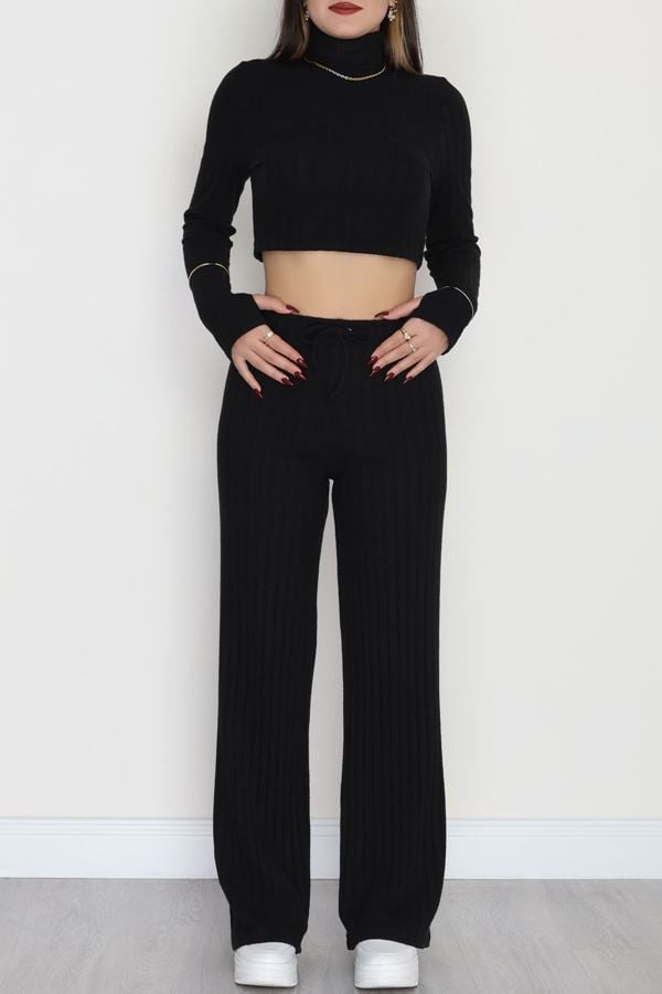 Dik Yaka Likralı Raporlu İnterlok Takım Siyah - 90972.1748.