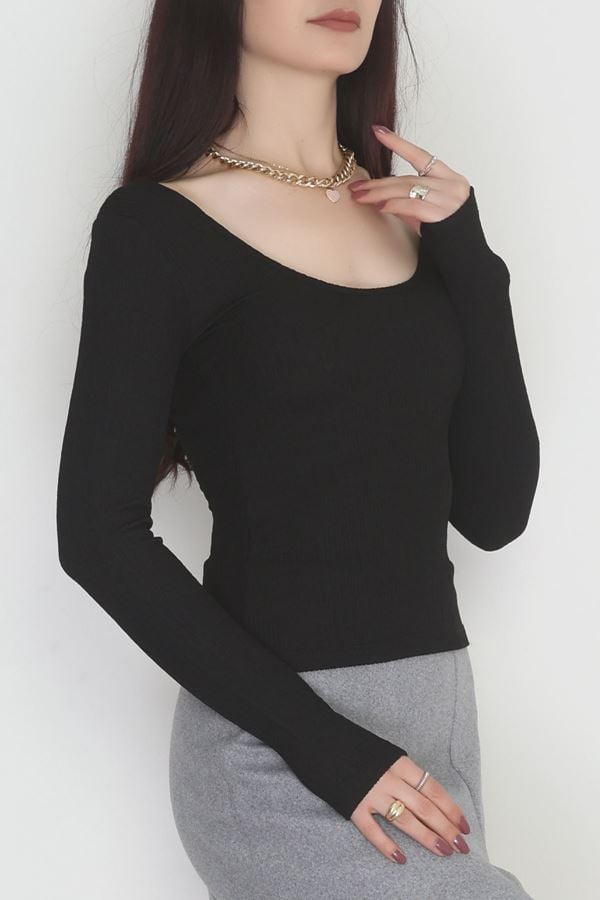 Önü Arkası U Yaka Basic Bluz Siyah - 42676.1247.