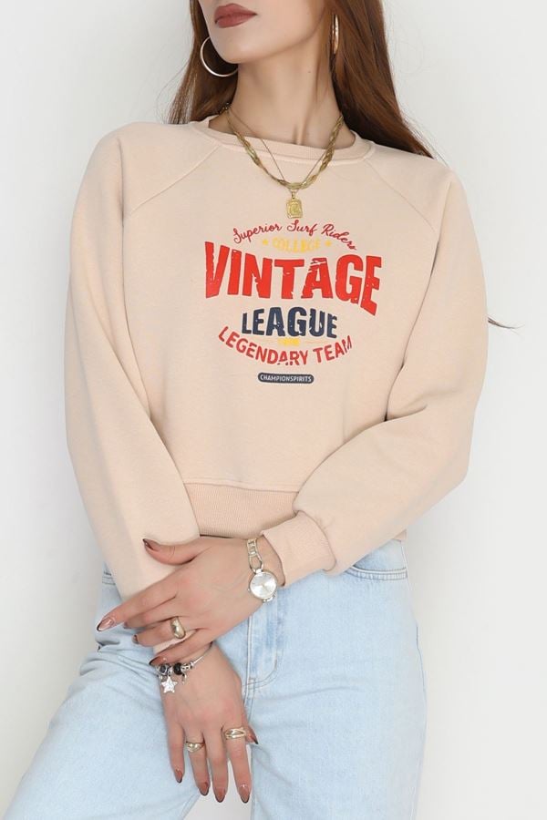 3 İplik Şardonlu Baskılı Sweat Bej - 42605.1878.