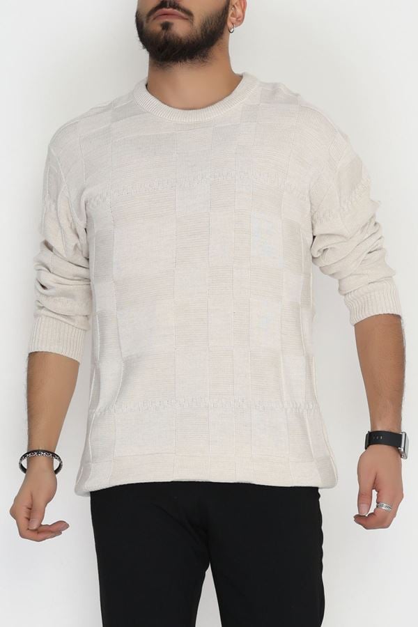 Bisiklet Yaka Desenli Erkek Triko Bej - 70782.1766.