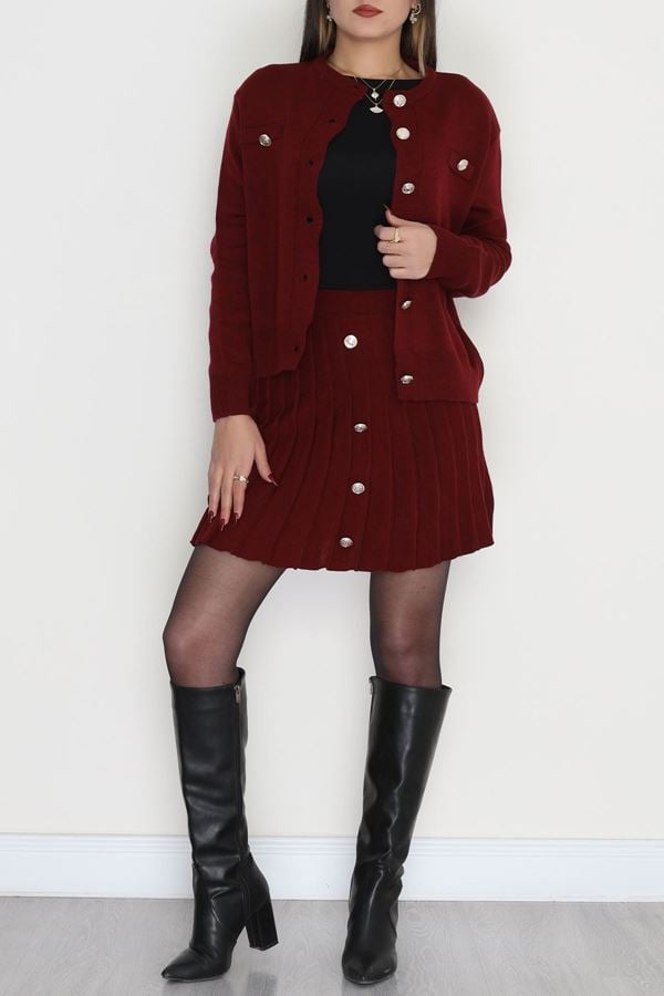 Düğmeli Triko İkili Takım Bordo - 42532.1766.