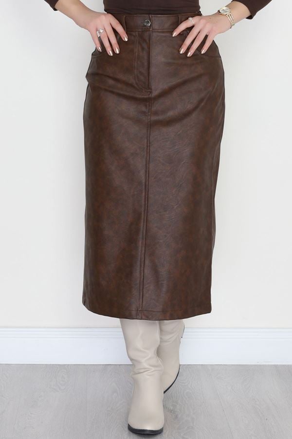 Yıkama Efektli Uzun Deri Etek Antikkahve - 40906.444.