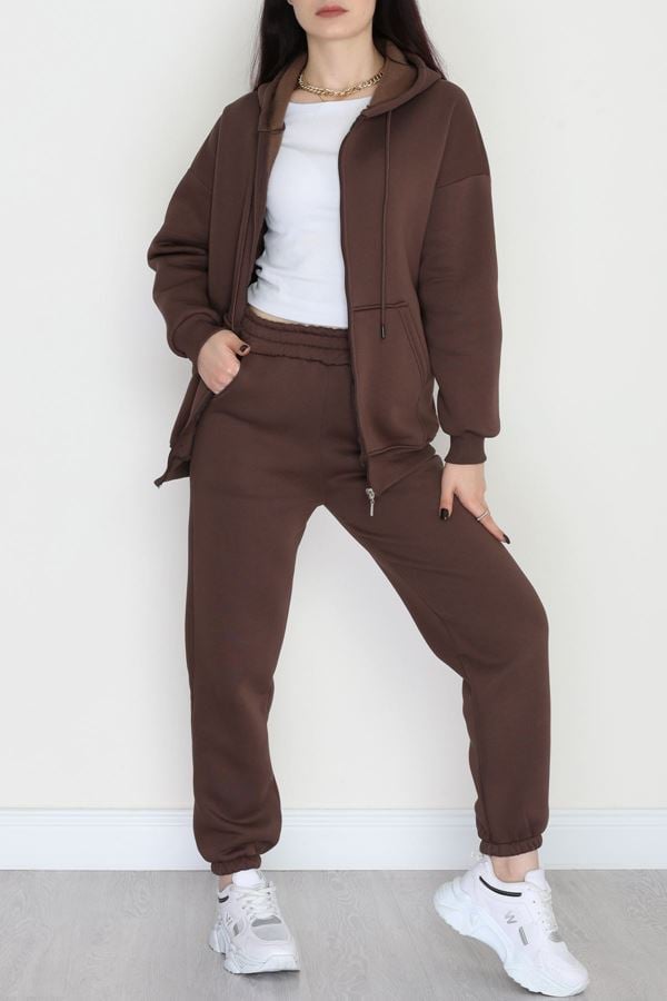 3 İplik Kapşonlu Eşofman Takımı Acıkahve - 20255.1878.