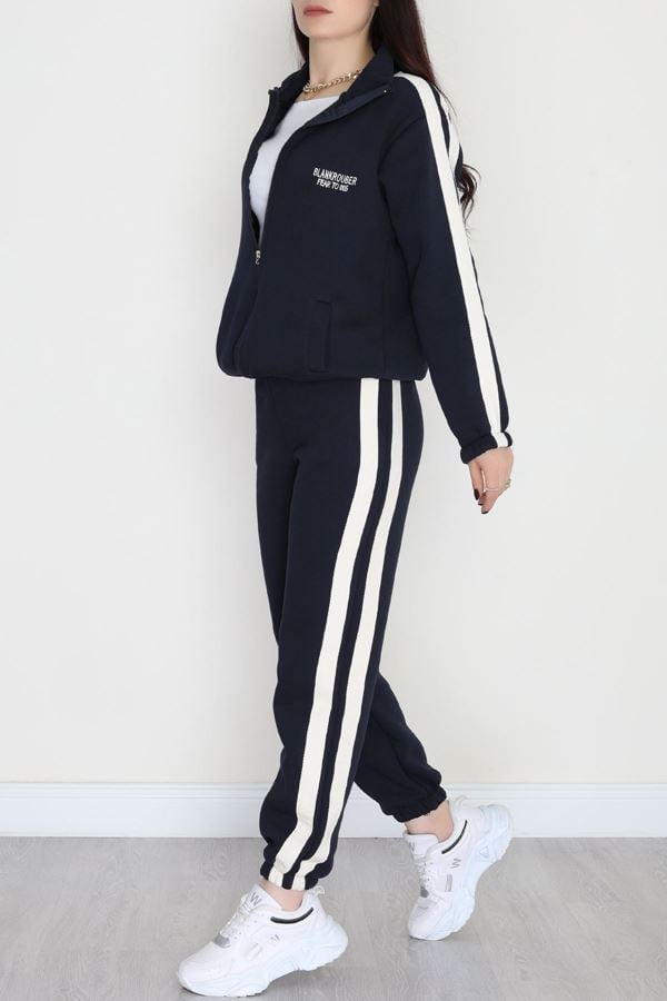 3 İplik Keten Şeritli Eşofman Takım Lacivert - 40017.1857.