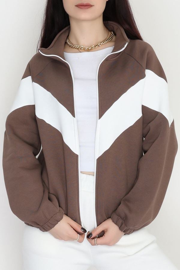 3 İplik Oversize Fermuarlı Sweat Kahveekru - 42504.1878.