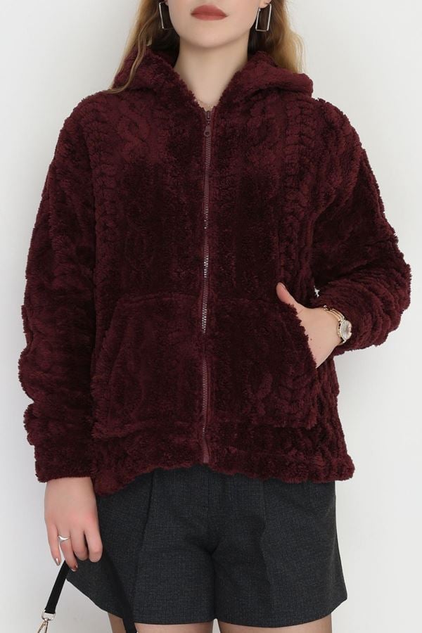 Kapşonlu Peluş Ceket Mürdüm - 4116.1247.