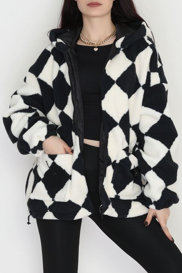 Kareli Kapşonlu Mont Siyah - 4047.1247.