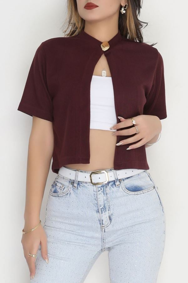 Selanik Tek Düğme Kısa Kol Hırka Mürdüm - 4106.1247.