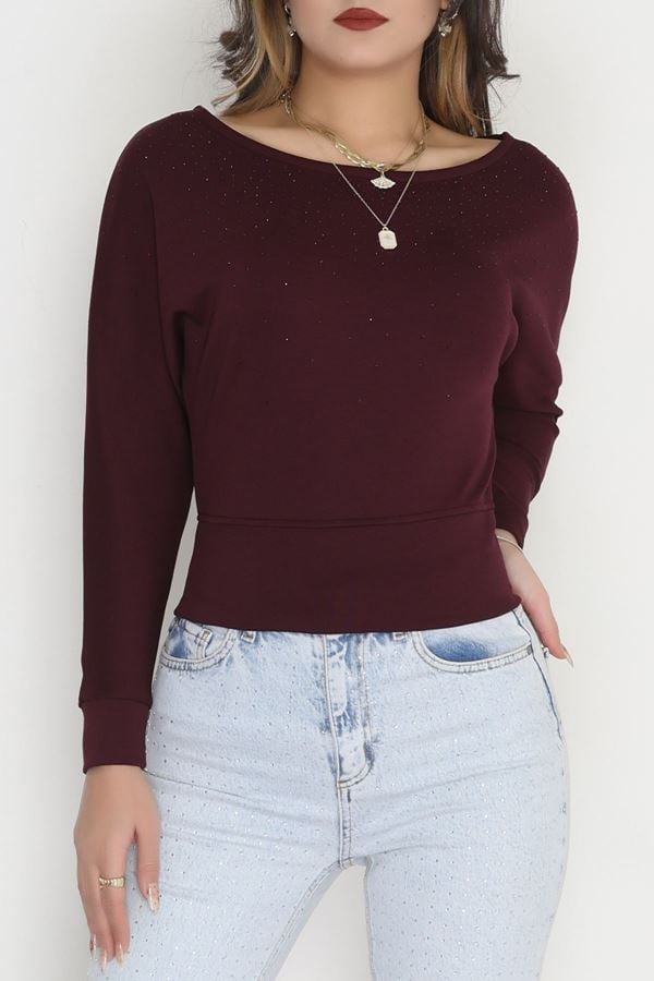 Taş Detay Kayık Yaka Bluz Mürdüm - 4129.1247.