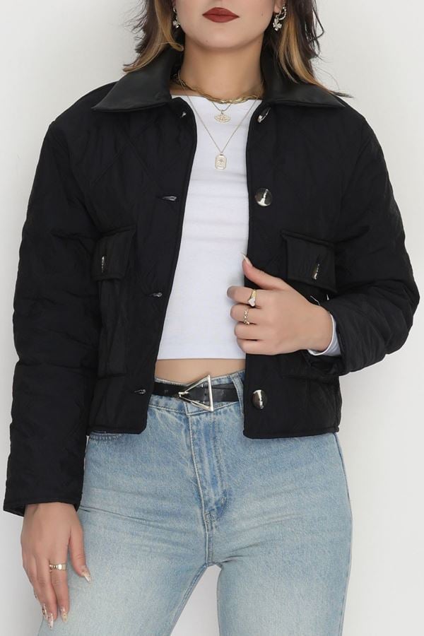 Deri Yaka Astarlı Kapitone Mont Siyah - 31632.439.