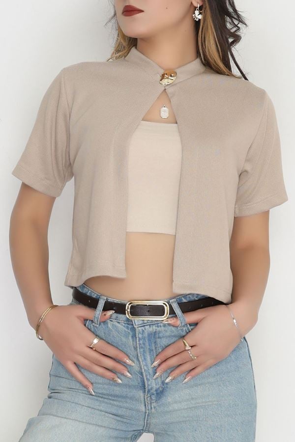 Selanik Tek Düğme Kısa Kol Hırka Bej - 4106.1247.