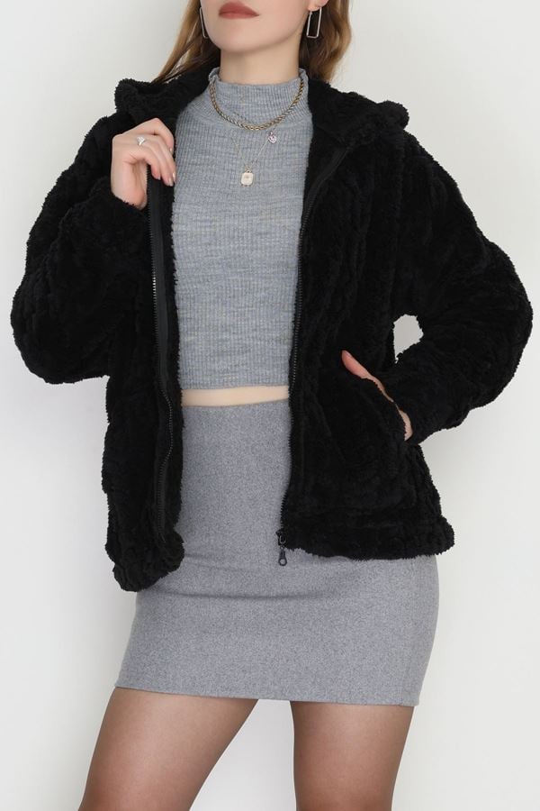 Kapşonlu Peluş Ceket Siyah - 4116.1247.
