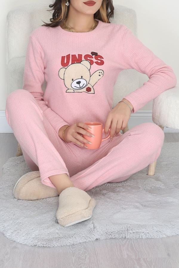 Nakışlı İnterlok Pijama Takımı Pudrabej - 800.1287.