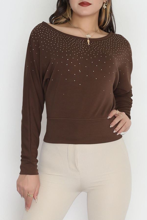 Taş Detay Kayık Yaka Bluz Acıkahve - 4129.1247.