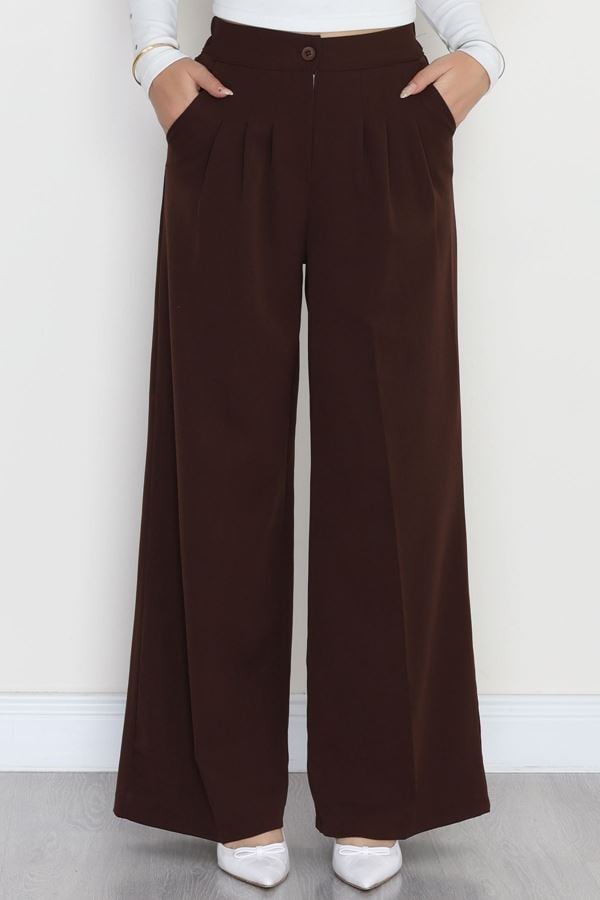 Dabıl Kumaş Beli Lastikli Palazzo Pantolon Kahve - 51063.1991.