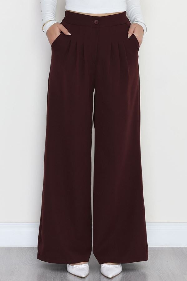 Dabıl Kumaş Beli Lastikli Palazzo Pantolon Mürdüm - 51063.1991.