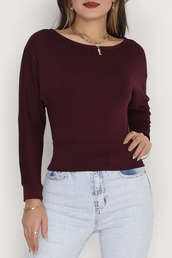 Taş Detay Kayık Yaka Bluz Mürdüm - 4129.1247.