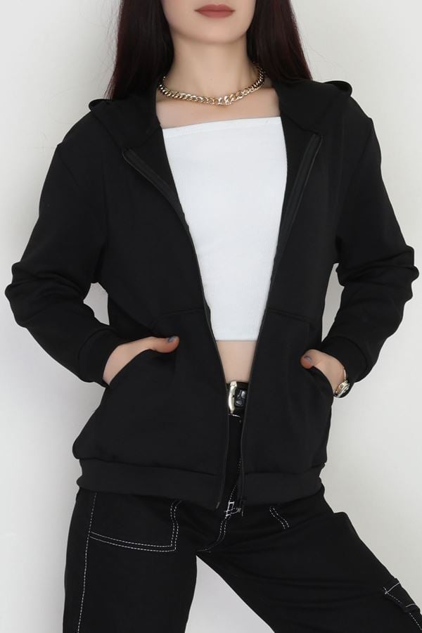 Kapşonlu Fermuarlı Modal Sweat Siyah - 90977.1837.