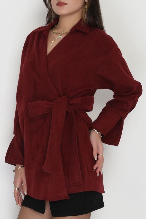 Bağlamalı Kruvaze Yaka Kaşe Ceket Bordo1 - 70993.1775.
