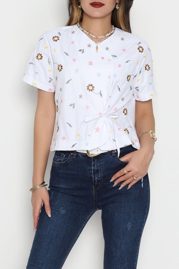 Nakışlı Balon Kol Gömlek Beyaz - 30774.1949.