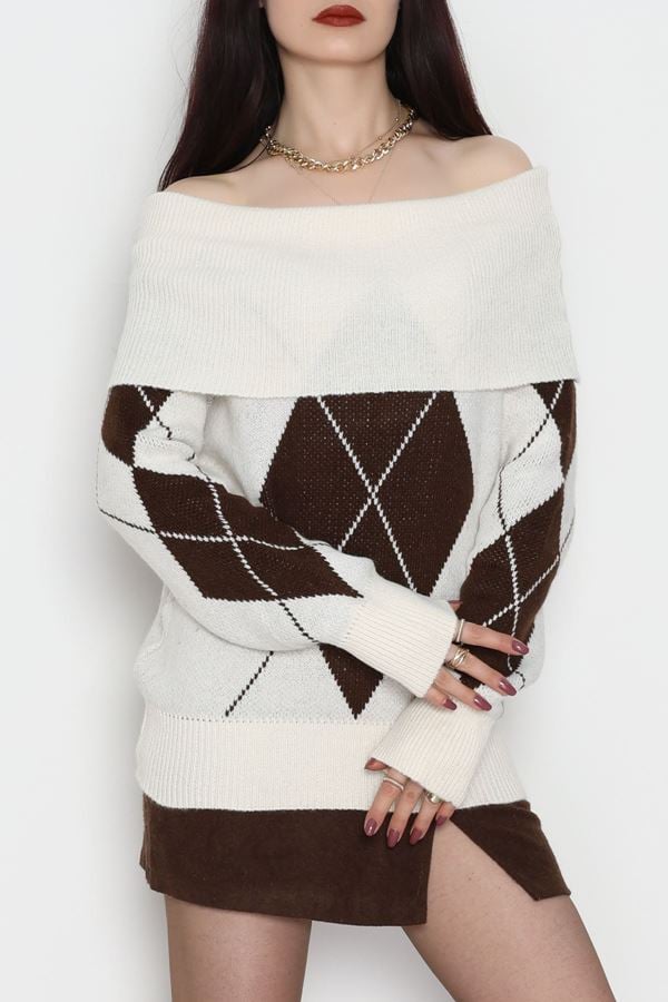 Madonna Yaka Baklava Desen Triko Lattekahve - 2123.1765.