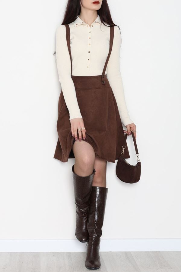 Askılı Düğmeli Süet Elbise Kahve - 42680.1256.